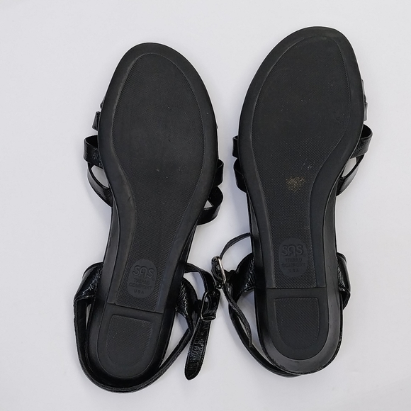 SAS Black Patent Leather Strippy Quarter Strap Wedge Sandals 7 Narrow - Picture 3 of 12